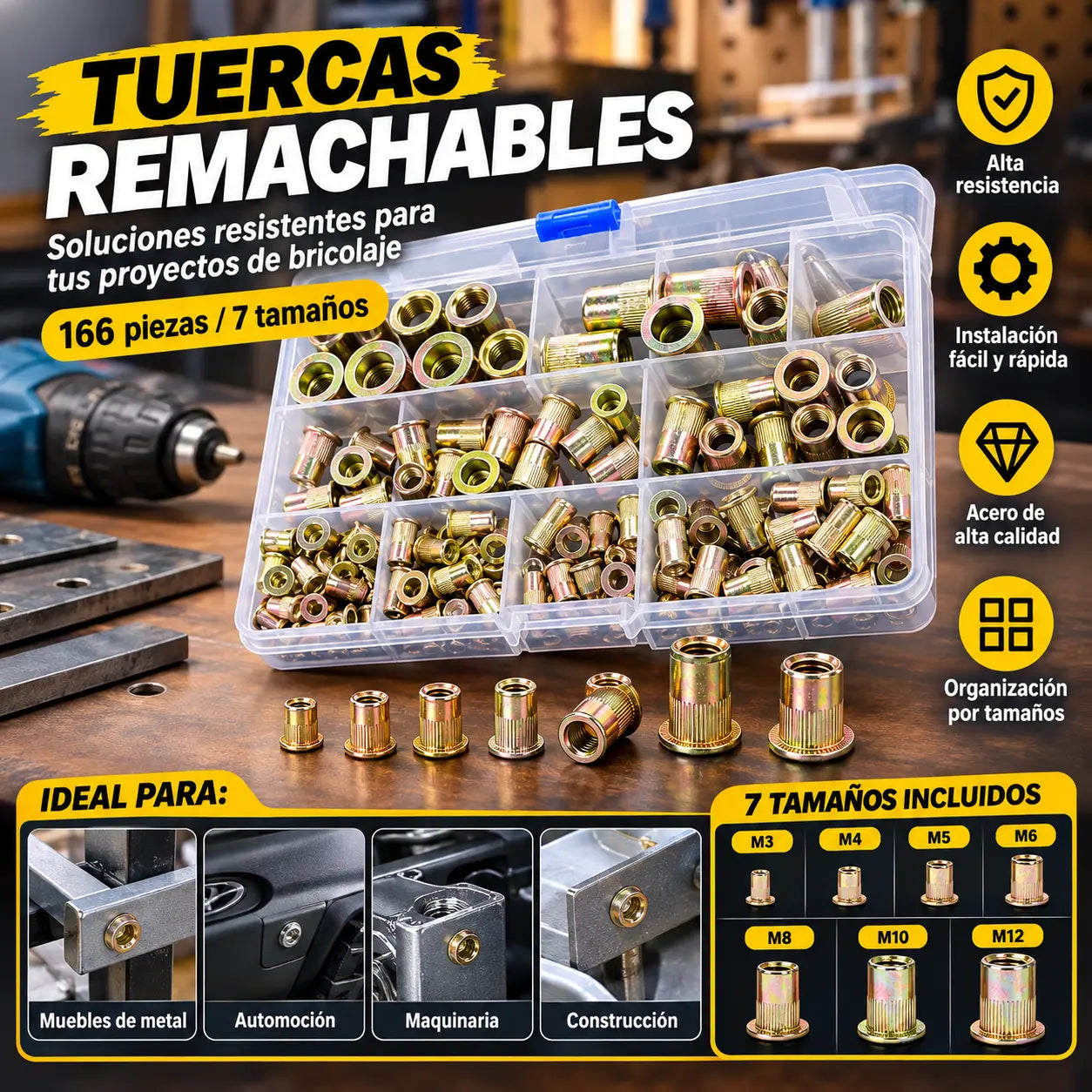 【166 piezas】🏆¡Último día de oferta especial, ahorra un 49%!🛠️Herramientas para remaches roscados, juego de remaches roscados M3, M4, M5, M6 y M8