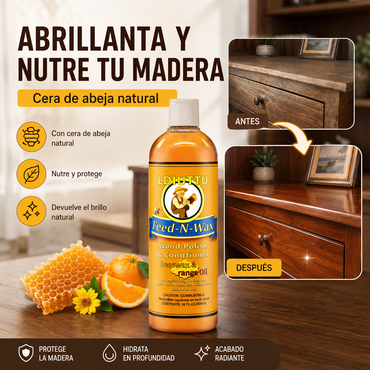 🔥Oferta por tiempo limitado✨Crema de cera de abeja natural de alta eficacia para pulir y limpiar madera.