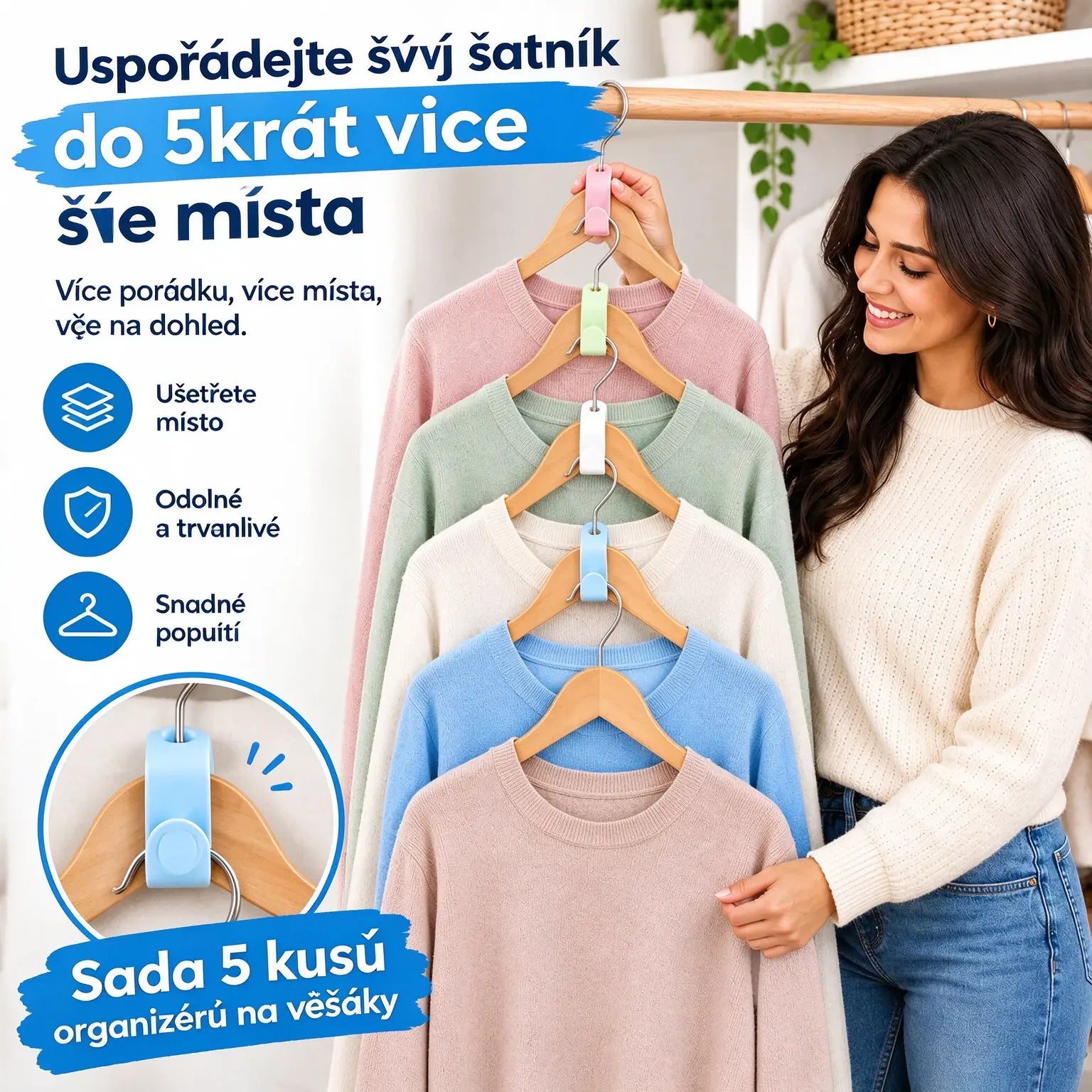 👕✨【Balení 100 kusů】Spojky na ramínka na oblečení šetří místo: Zdvojnásobí úložný prostor ve vaší skříni; jsou robustní a odolné.