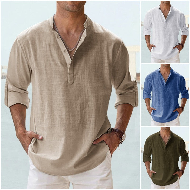 【S-5XL】Camisa informal de manga larga de algodón y lino para hombre