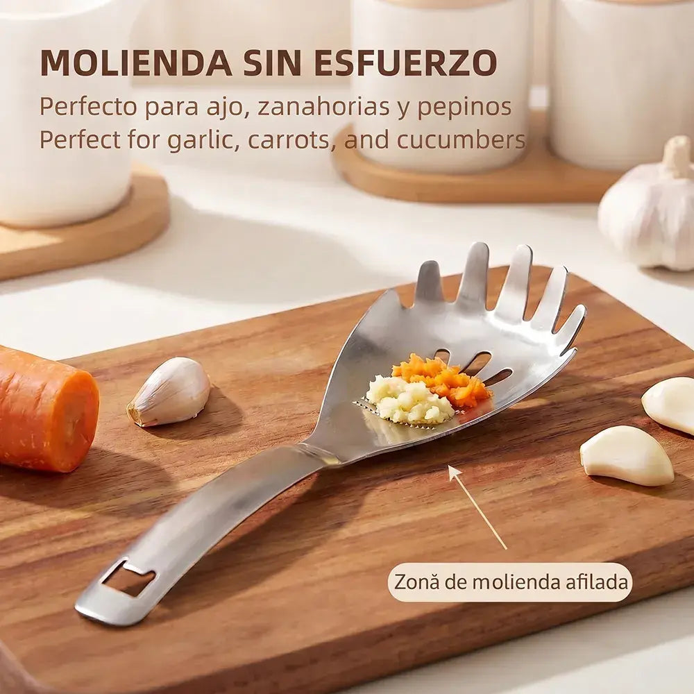 🥄🔪 Cuchara Multifuncional de Acero Inoxidable – Ralla Jengibre, Muele Ajo, Hace Purés y Cuela 🧄🥕