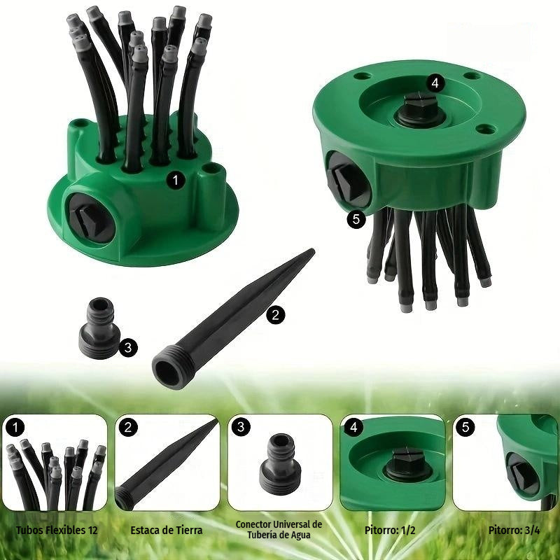 ✨ Aspersor automático multicabezal de jardín de 360°
