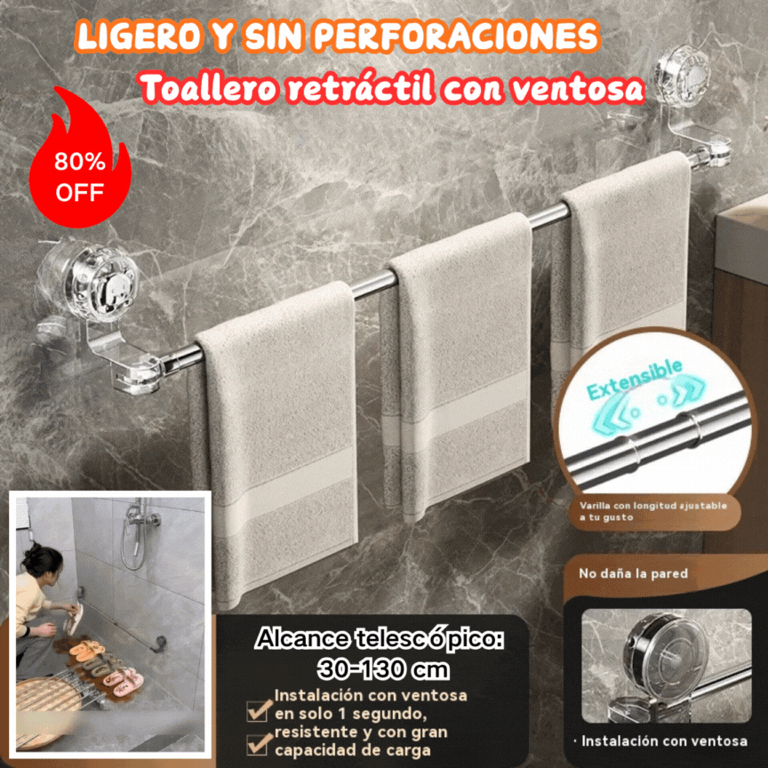 ✨🚿Diseño ligero y sin perforaciones —Toallero retráctil con ventosa