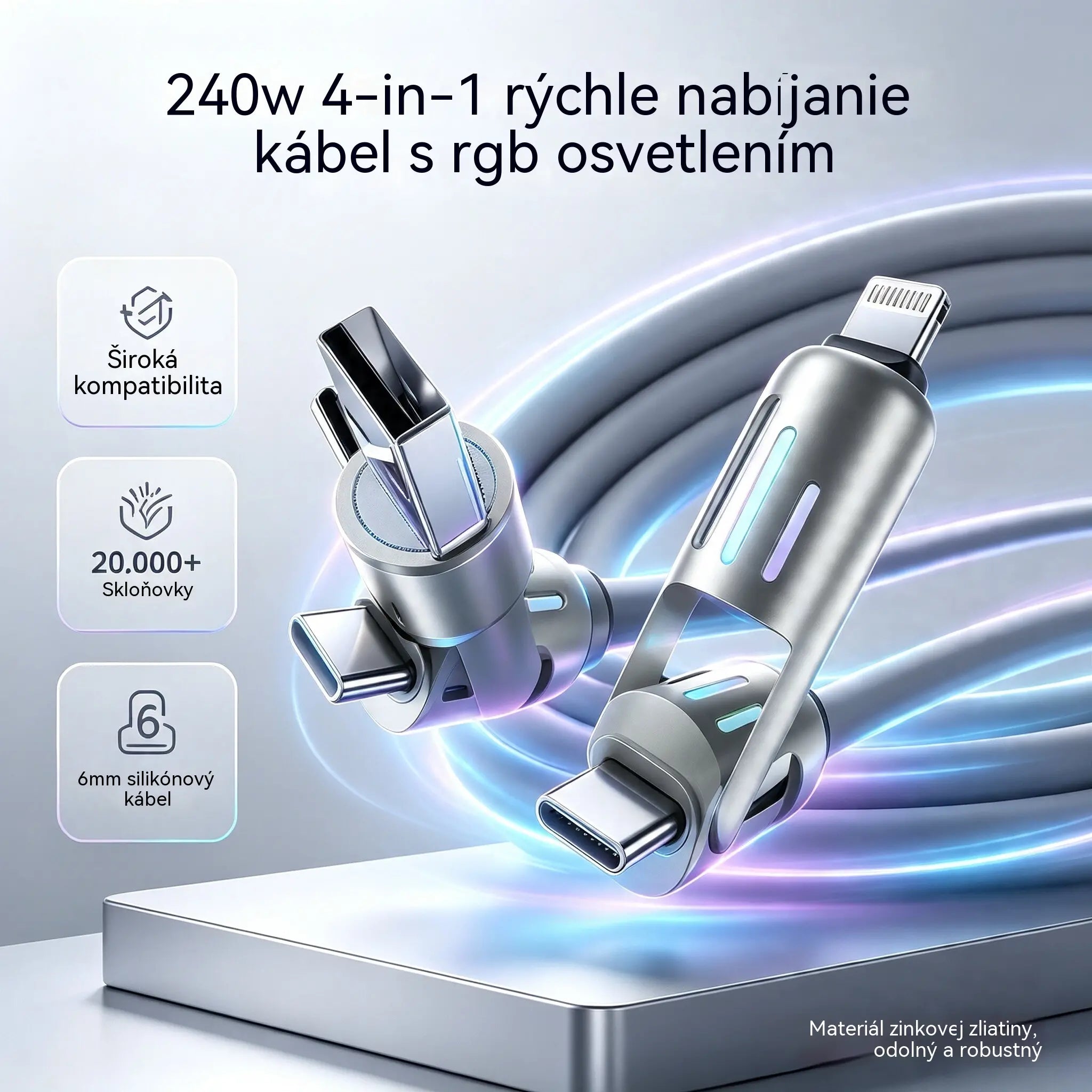 🔥 (2 metre dlhý) 4-v-1 PD 240W kábel – USB-C, Lightning a USB-A rýchle nabíjanie, hliník a silikón, synchronizácia dát ⚡📱