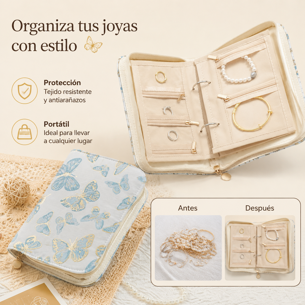 🔥Elegante y portátil estuche para guardar joyas con estampado de flores de ciruelo y mariposas