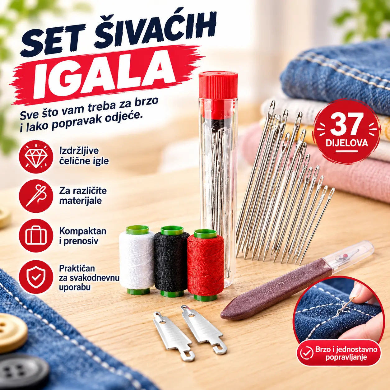 🧵 Komplet za šivanje od 37 dijelova – Sve što vam je potrebno za popravak i stvaranje!