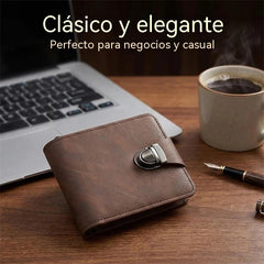 🔥✨Cartera de piel auténtica para hombre: diseño retro con cremallera, compartimento para tarjetas y protección RFID.