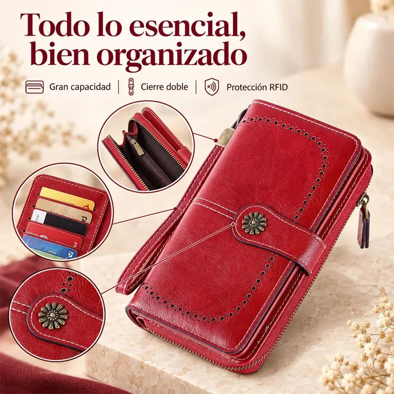 👜 Cartera Vintage de Cuero para Mujer | RFID Antirrobo, Cremallera y Botón a Presión | Larga y Espaciosa 💼