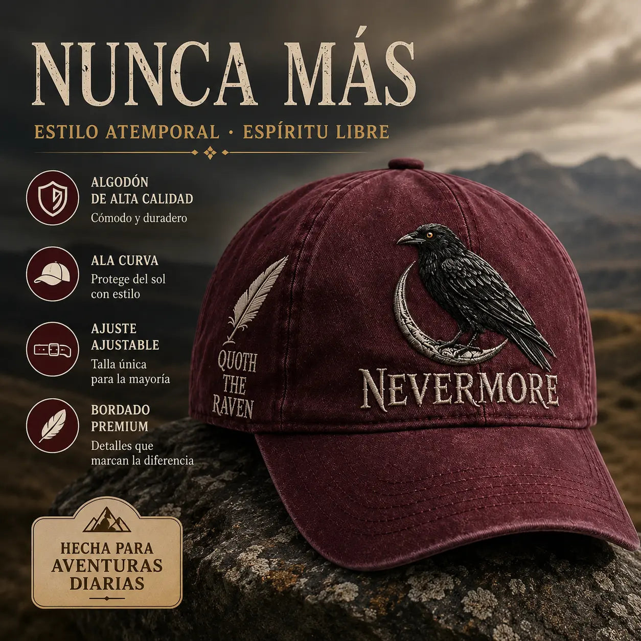 🐦‍⬛🧢 Gorra vintage Nevermore Raven | Sombrero gótico para amantes de las aves(Circunferencia de la cabeza aproximada: 56-60 cm)