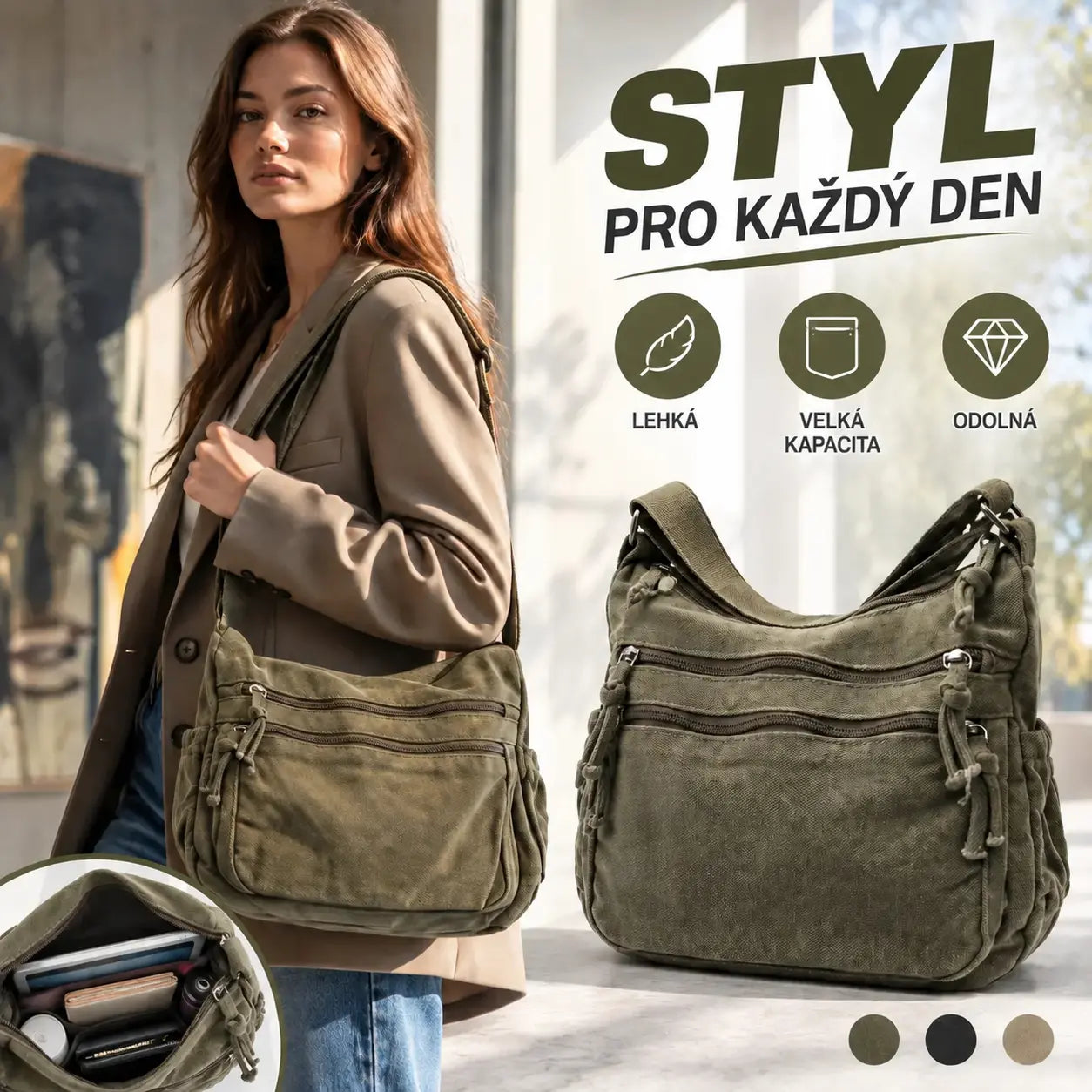 👜✨Prostorná crossbody kabelka z plátna s patinou: vyznačuje se uspořádáním s více přihrádkami na zip a širokým nastavitelným ramenním popruhem.