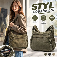 👜✨Prostorná crossbody kabelka z plátna s patinou: vyznačuje se uspořádáním s více přihrádkami na zip a širokým nastavitelným ramenním popruhem.