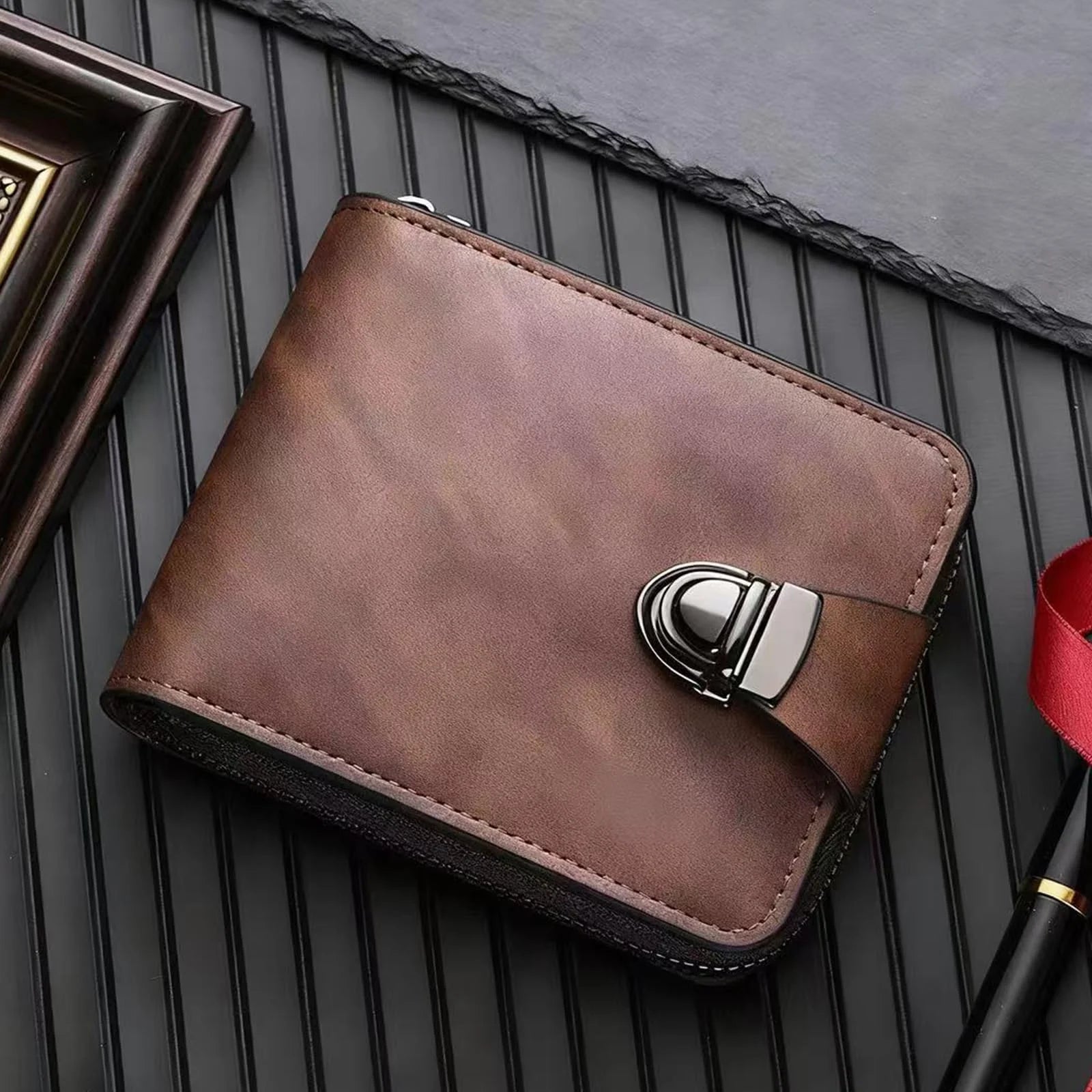 🔥✨Cartera de piel auténtica para hombre: diseño retro con cremallera, compartimento para tarjetas y protección RFID.