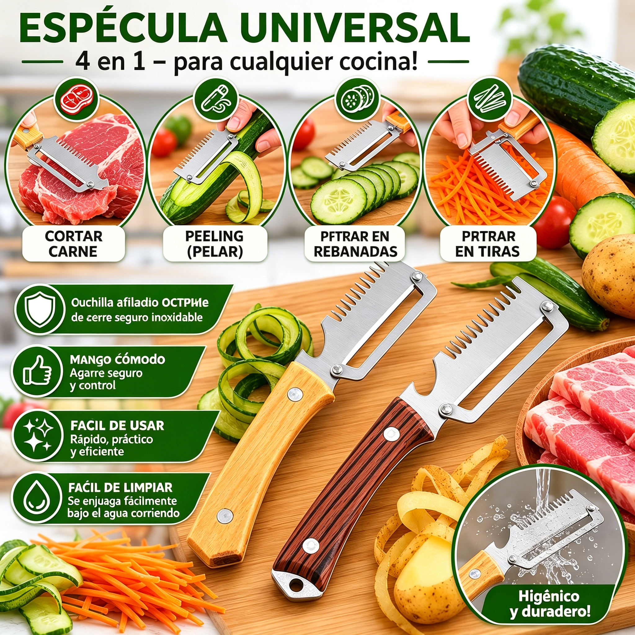 ✅Compra 1, llévate 1 gratis (dos artículos)🧅🔪 Pelador de cocina multifuncional 3 en 1: ¡Pela, pica verduras, corta carne y abre botellas! 🔥