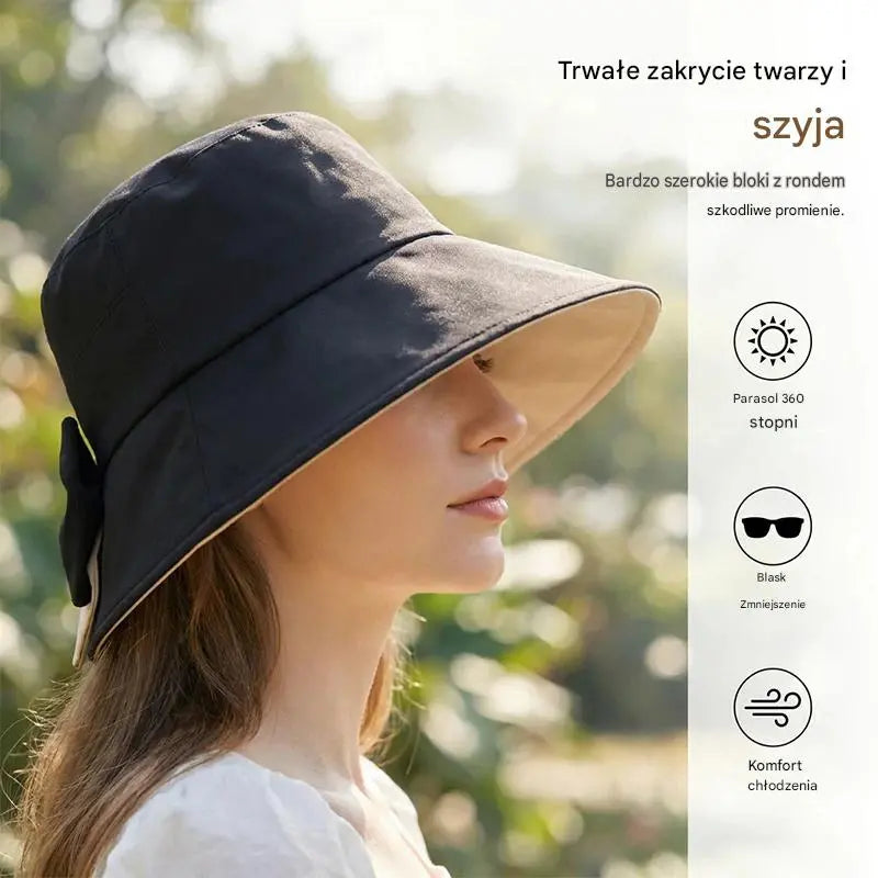Damski kapelusz przeciwsłoneczny z szerokim rondem i kokardą – składany, zapewniający ochronę 360°