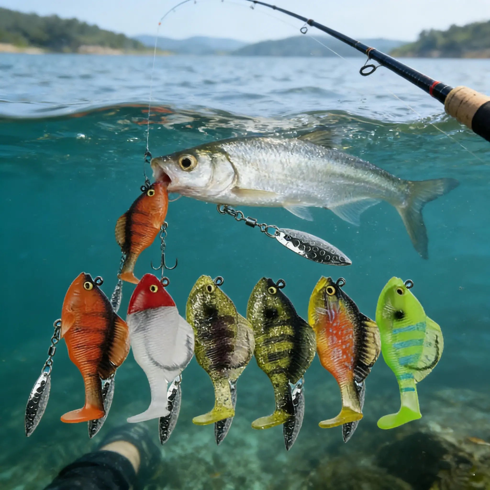 🔥【Juego de 6 piezas-6 colores】🐟Cebo blando para peces/señuelo artificial, para lanzamiento a larga distancia, antienganches, con cola en T y peso de plomo.