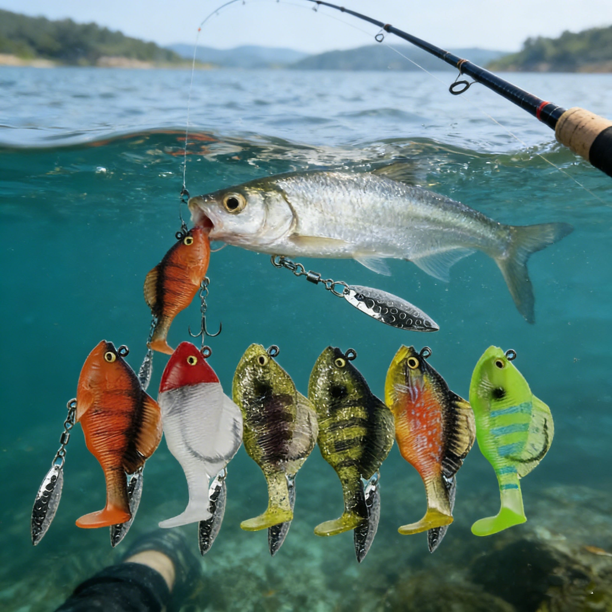 🔥【Juego de 6 piezas-6 colores】🐟Cebo blando para peces/señuelo artificial, para lanzamiento a larga distancia, antienganches, con cola en T y peso de plomo.