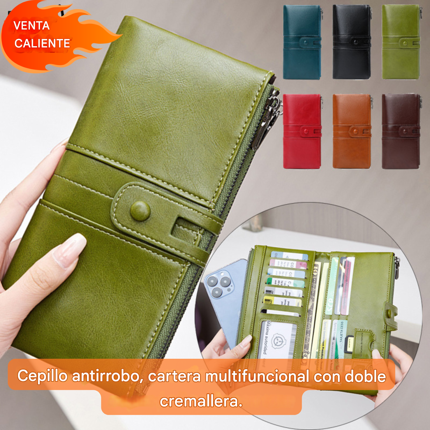 🔥💼Cartera multifuncional, hecha a mano con cuero genuino, cepillo antirrobo, doble cremallera.