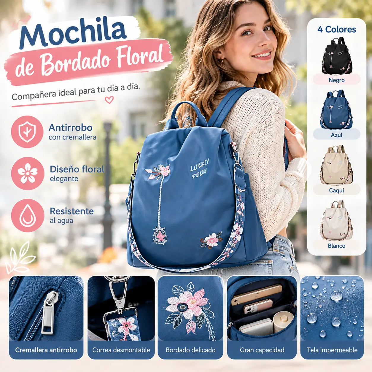 Mochila de viaje antirrobo bordada de gran capacidad