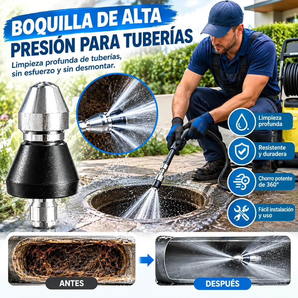 👍🧰Potente boquilla de alta presión, desatascador de tuberías