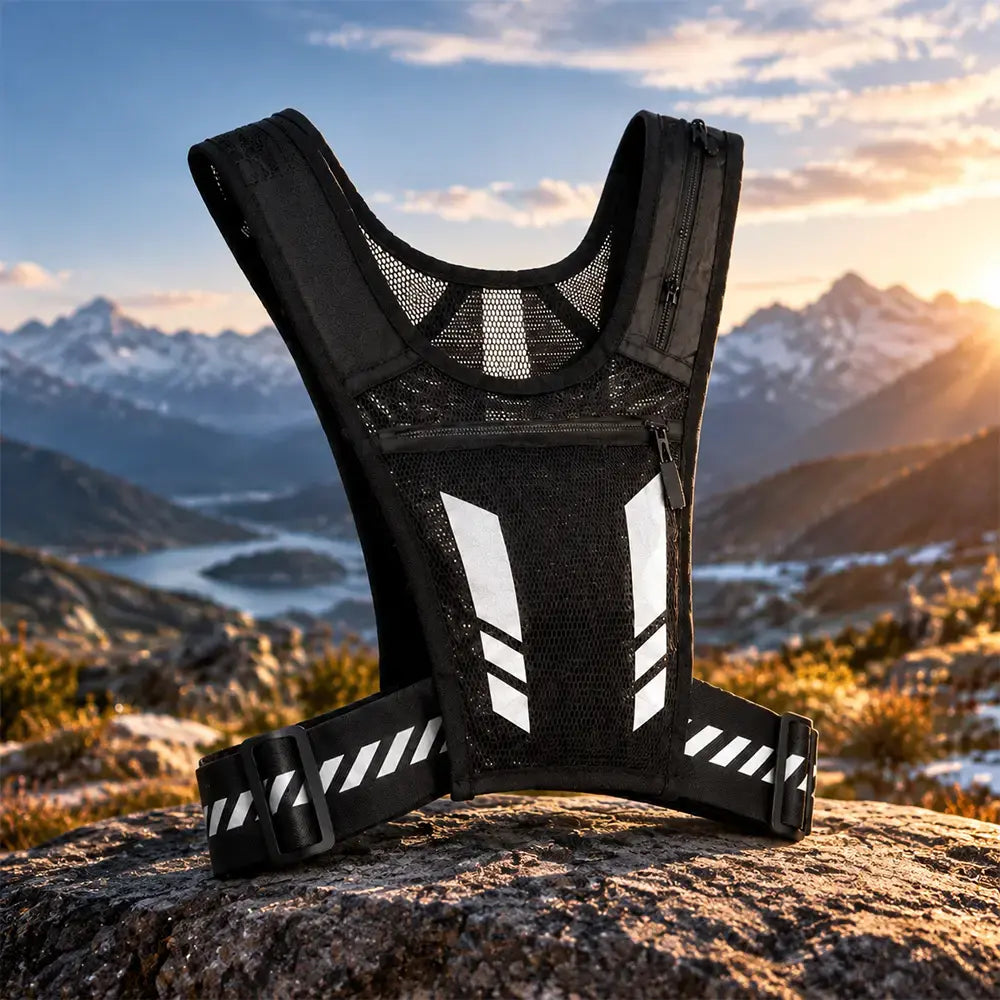 🏃 Chaleco deportivo y para correr con bolsillo en el pecho · Bolsillo para el teléfono con cremallera · Soporte trasero para botella de agua · Detalles reflectantes para la noche · Malla transpirable y correas ajustables.