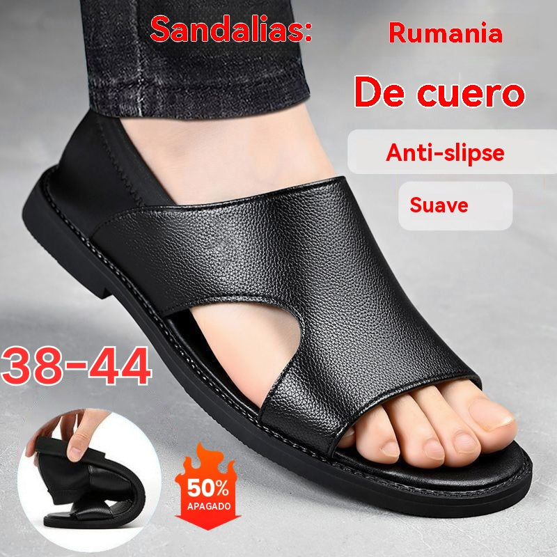 【38-44】Sandalias de verano 2025 para hombre de piel de vaca, transpirables, huecas, antideslizantes, informales