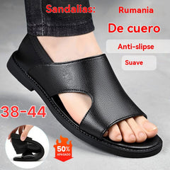 【38-44】Sandalias de verano 2025 para hombre de piel de vaca, transpirables, huecas, antideslizantes, informales